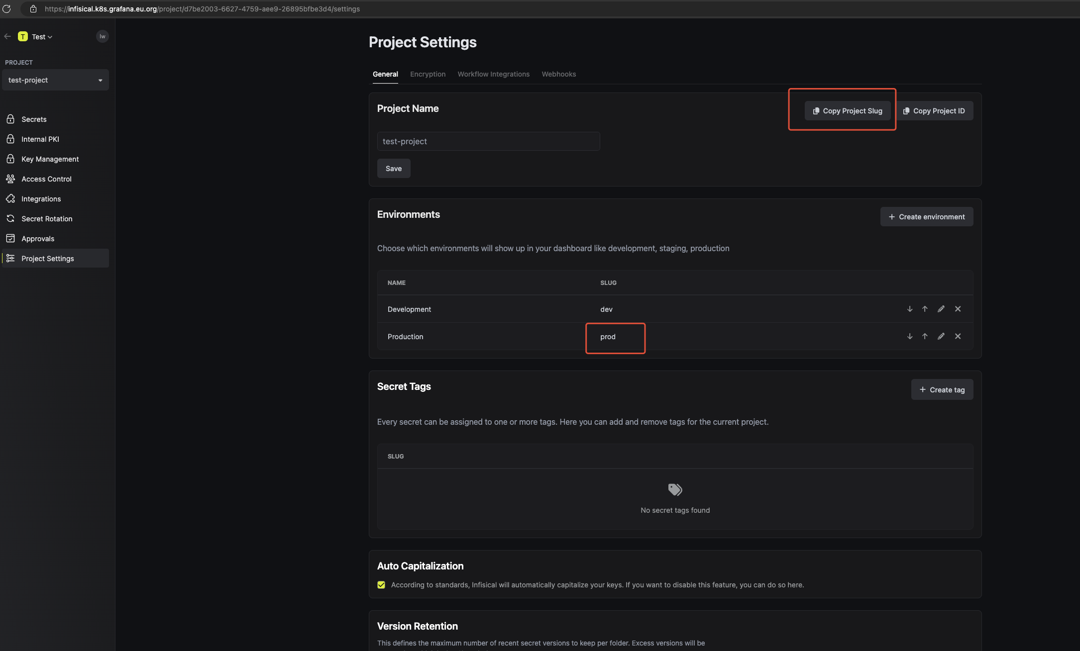 infisical-project中slug的值